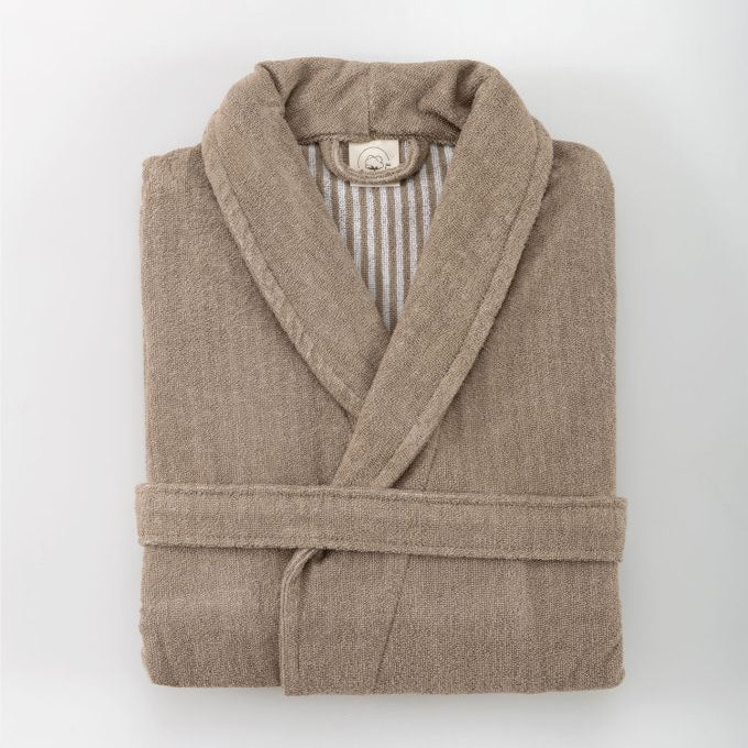 frotē halāts EFFICIENCE STRIPES, 100% kokvilna, ar svitrainām detaļām, roble. tumši bēšs