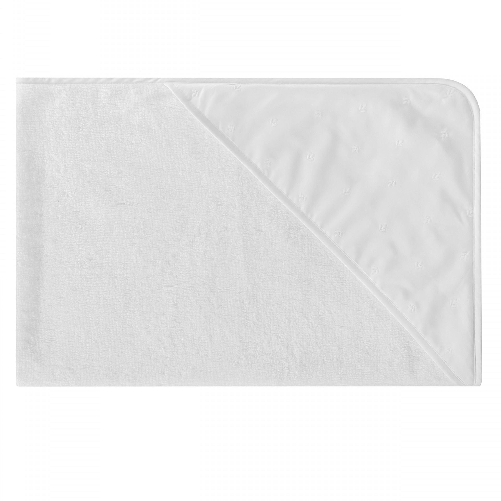 frotē dvielis ar kapuci LUZ, 100% organiskā kokvilna, balts ar izšūtiem baltiem elementiem uz kapuci