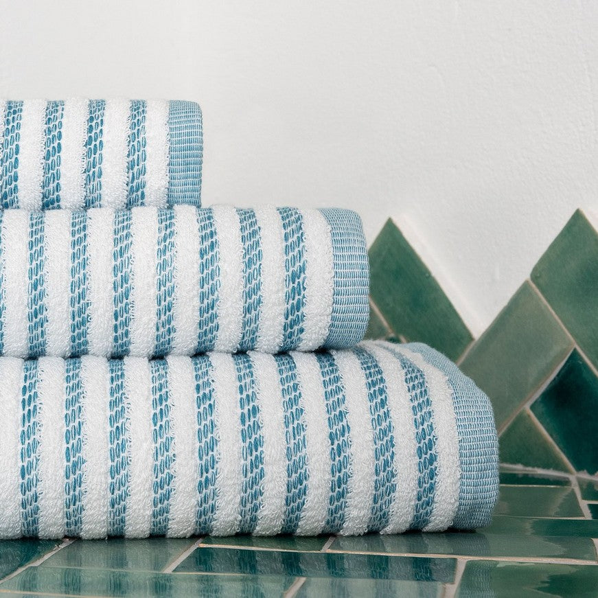 Frotē dvieļi komplekts New York, 95% kokvilna, 5% poliesters, 550g/kvm, svītrains, petrol, balts/zils, interjerā