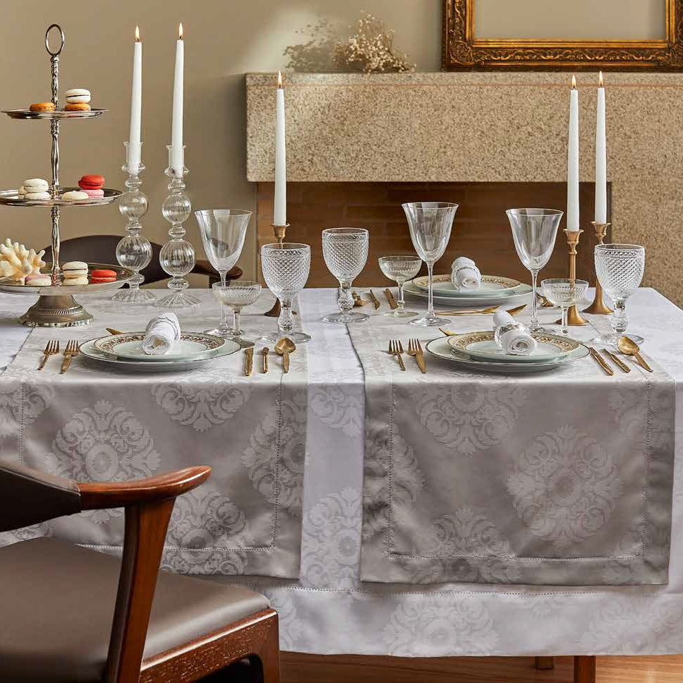 Galdats un galda celiņi PALACE, 100% kokvilna, žakards, balts, pelēks, interjerā