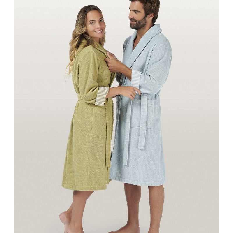 frotē halāts EFFICIENCE STRIPES, 100% kokvilna, ar svitrainām detaļām, olīvu, gaiši zils