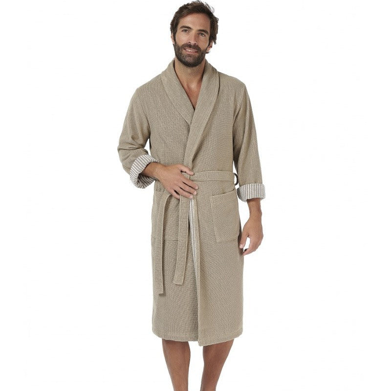 frotē halāts EFFICIENCE STRIPES, 100% kokvilna, ar svitrainām detaļām,tumsi bēšs