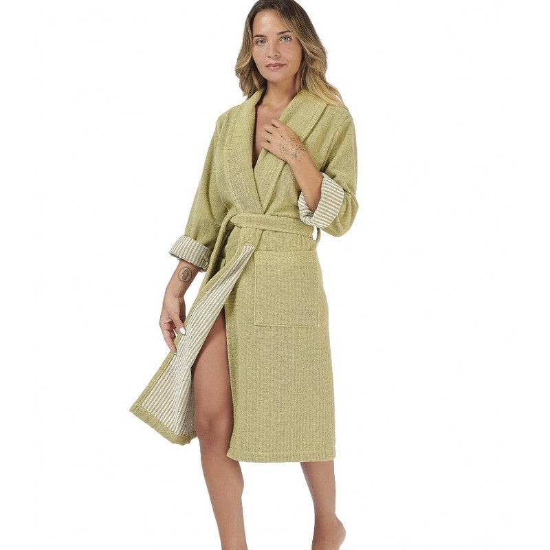 frotē halāts EFFICIENCE STRIPES, 100% kokvilna, ar svitrainām detaļām, olīvu krāsā