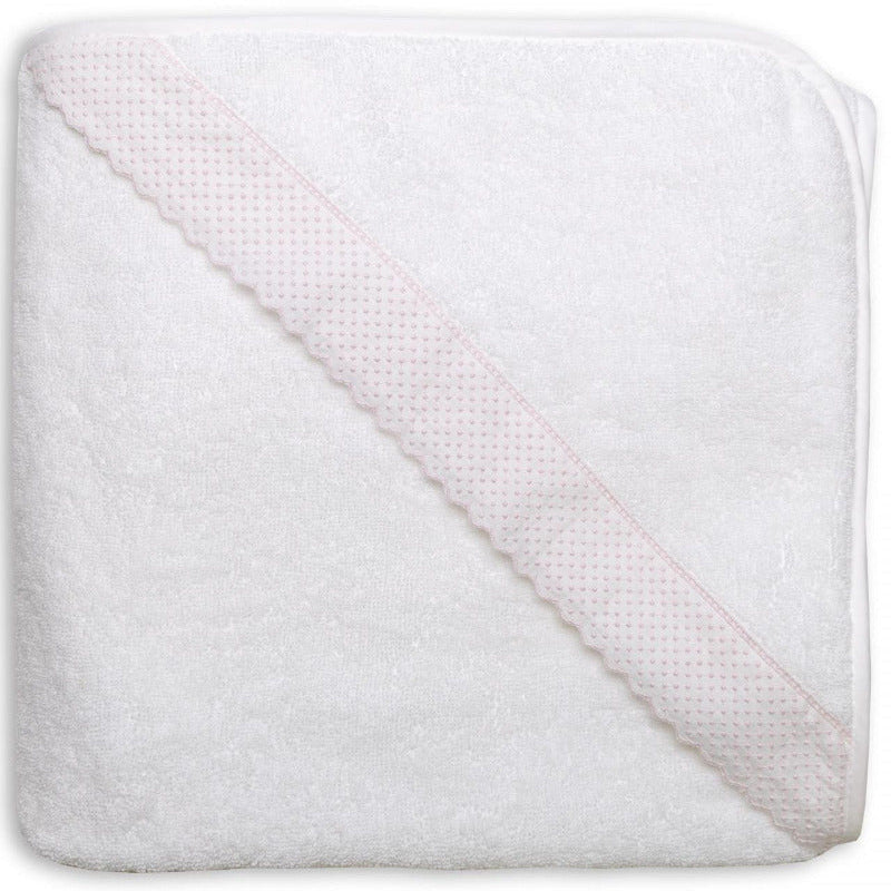 frotē dvielis ar kapuci NINA, 100% organiskā kokvilna, balts ar izšūtiem gaiši rozā krāsā elementiem uz kapuci