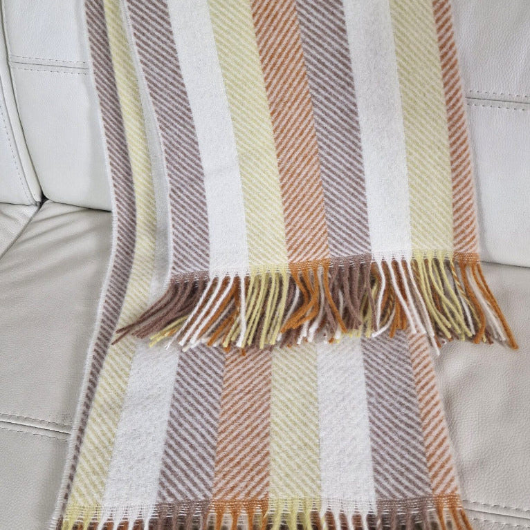 Vilnas pleds TIROL, 140x200, 100% vilna, 340 g/kvm, svītrains, belle, bēšš-balts-brūns-dzeltens