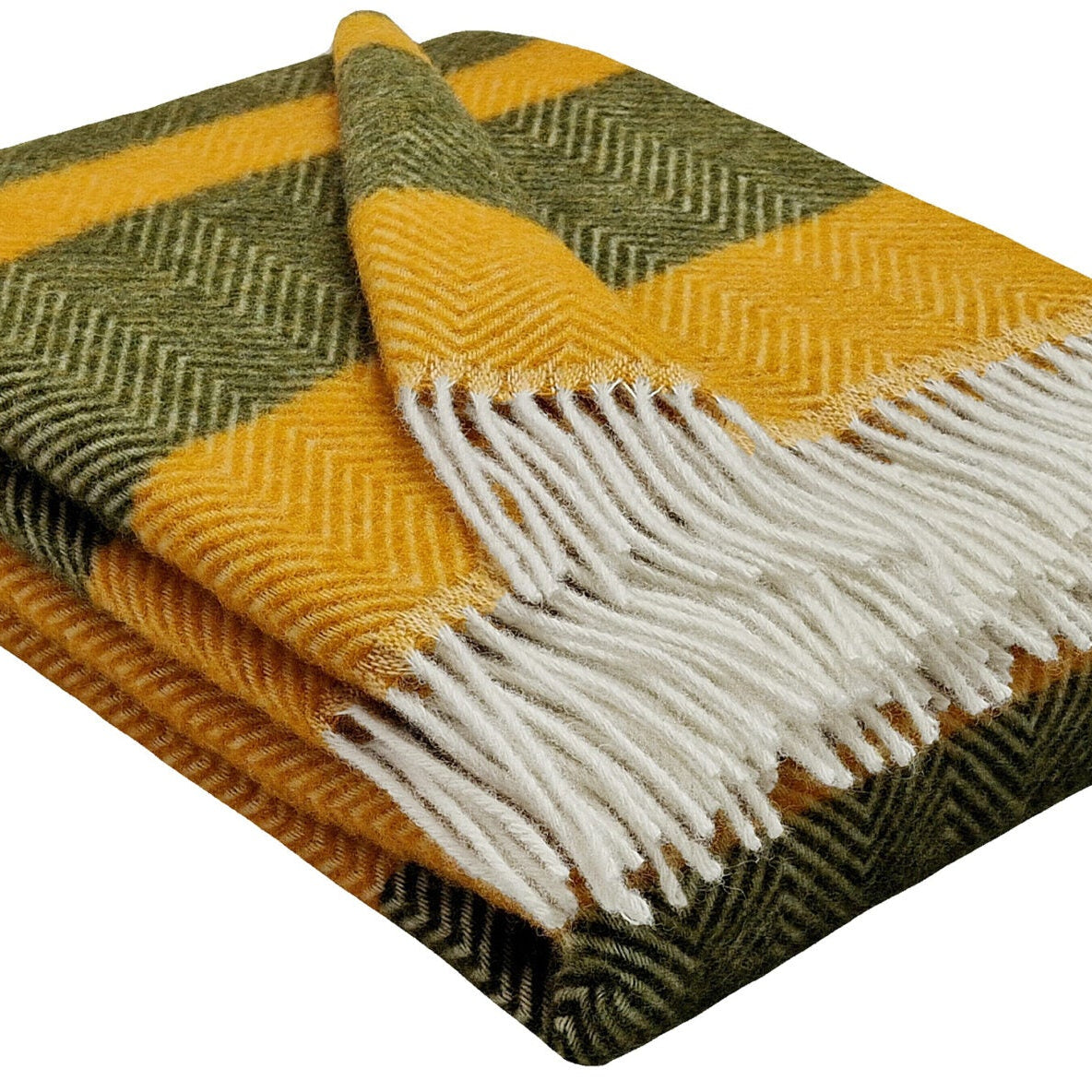 Vilnas pleds TIROL, 140x200, 100% vilna, 340 g/kvm, svītrains, senf sinepes krāsa- olīvu