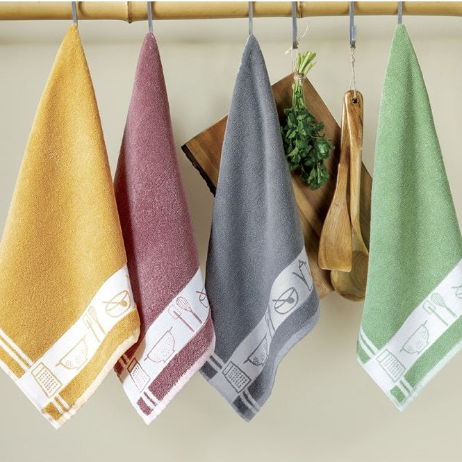 Virtuves dvieļi TERRY, 100% kokvilna, 440 g/kvm, frotē audums, roku dvielis 50x50, dažādas krāsas, interjerā