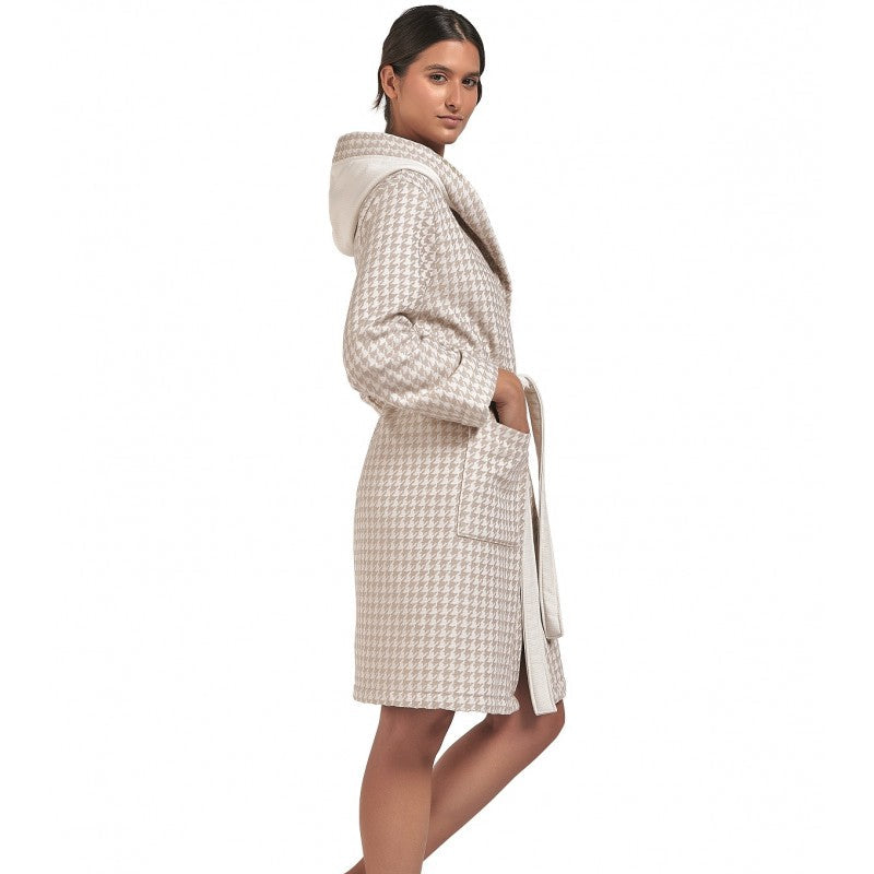 halāts ar kapuci Zosu kājiņa, 100% kokvilna, 380g/kvm, bēšs zosu kājiņa raksts