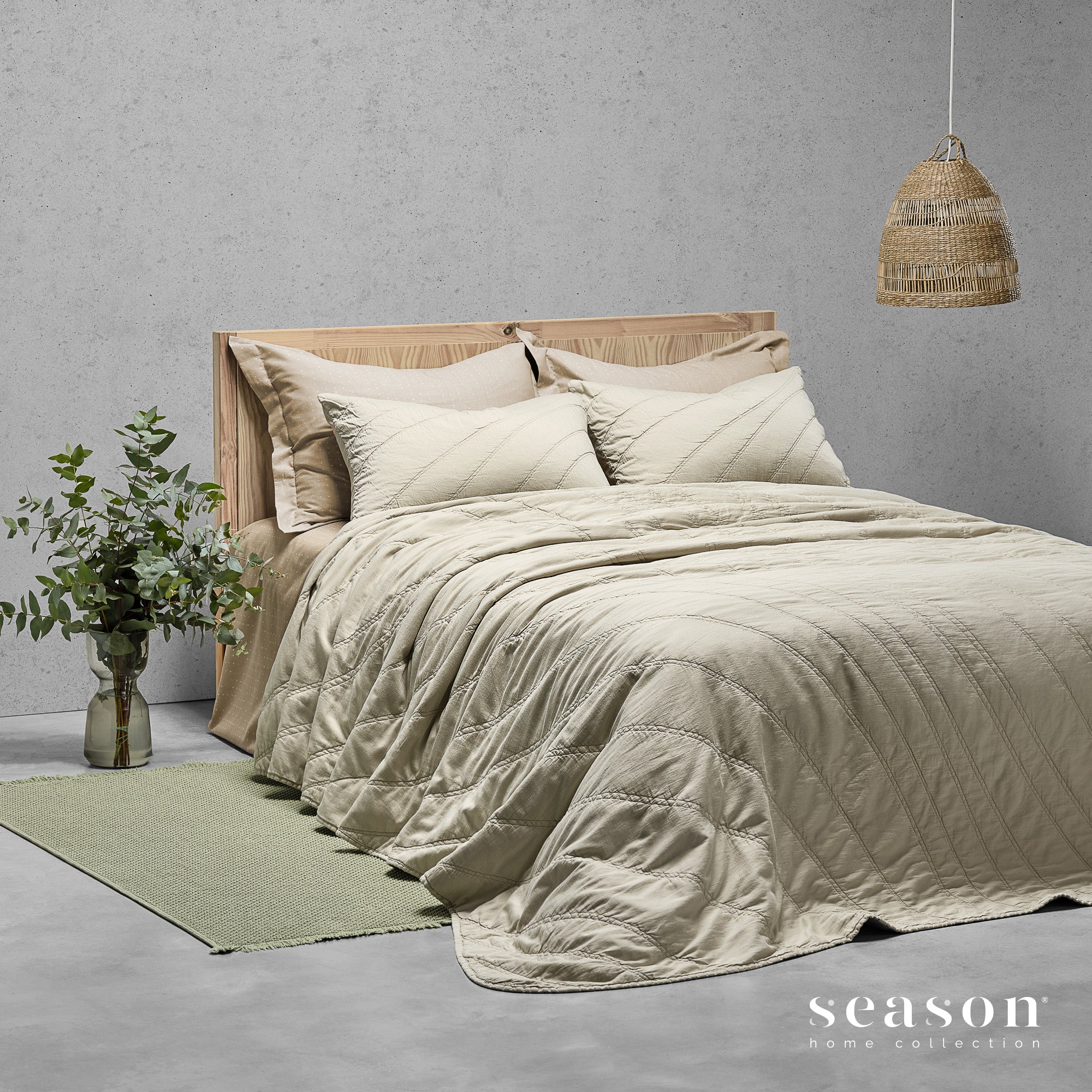 gultas pārklājs ar pildījumu un spilveni ORIGEM, 100%  BCI cotton, 300TC satīns, stonewashed, bēšs, interjerā