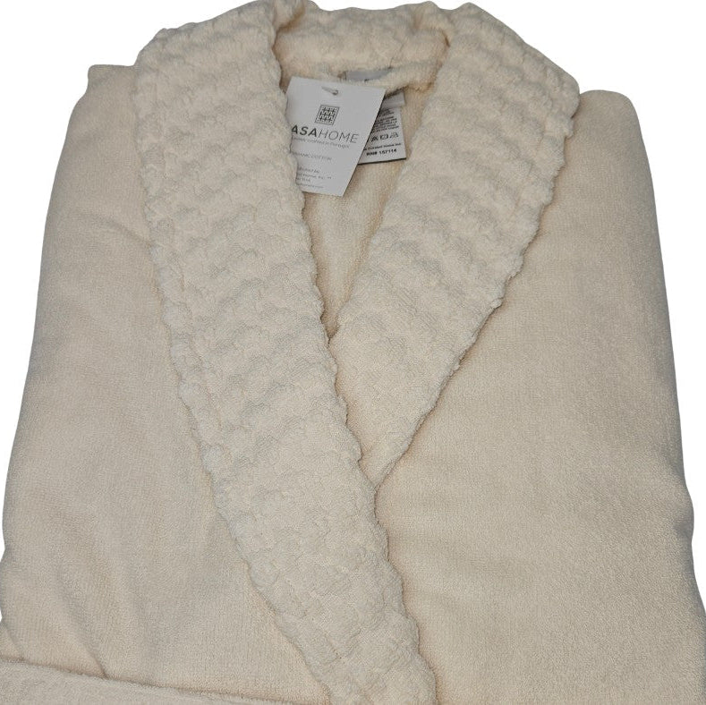 Frotē halāti PICO, 100% lomg staple combed organic cotton, 100% ilgo šķiedru ķemmētā organiskā kokvilna, 600g/kvm, dekoratīva apdare apkaklē un aprocē, bēšs