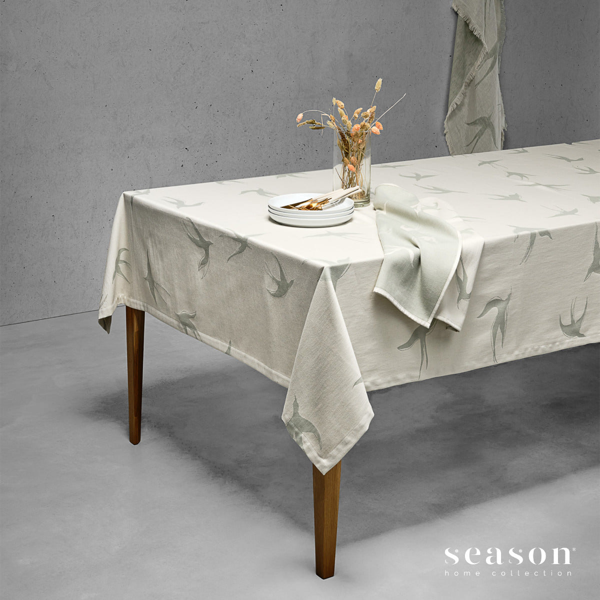 galdauts ANDOLINHA, 100% BCI kokvilna, zaļs ar lakstigālu rakstu, interjerā