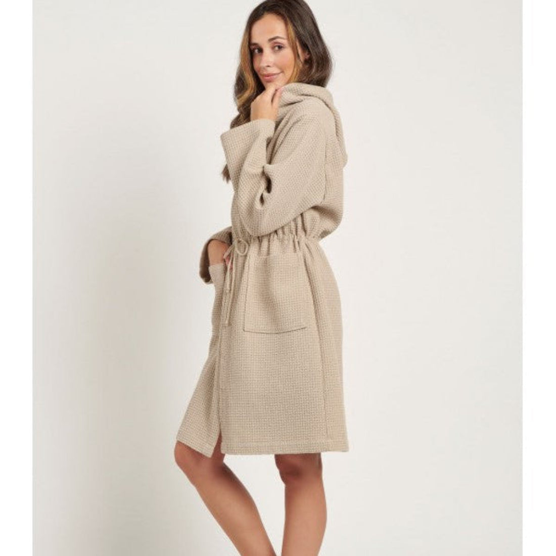 Halāts ar kapuci N HOME, 100% pārstrādāta organiskā kokvilna, vafeļaudums, bēšs