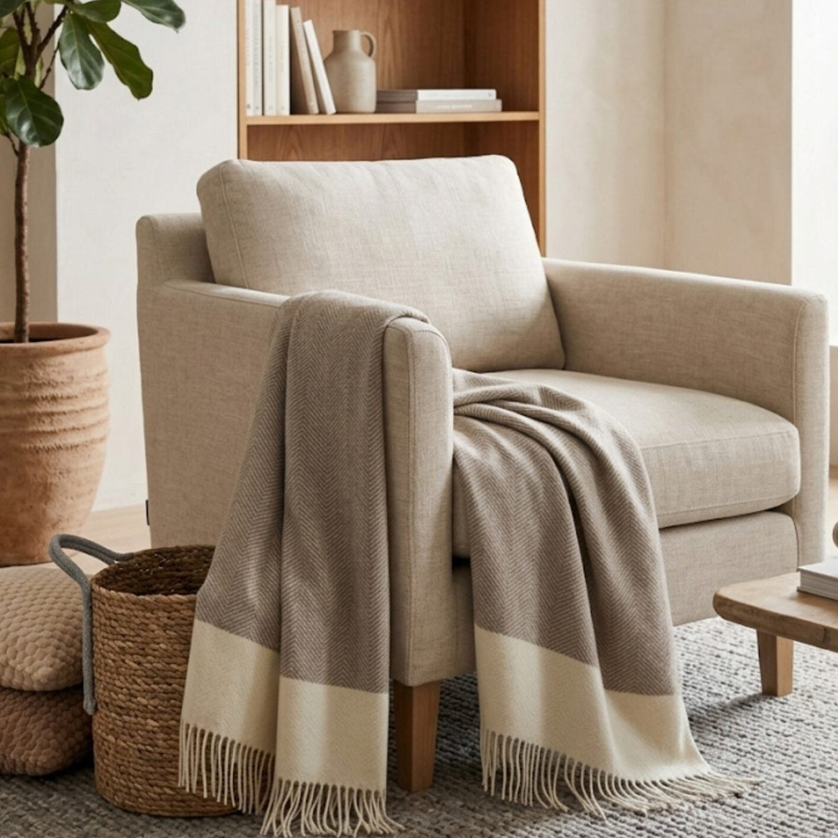 FARO M 90% merino 10% kašmira pleds 140x200 brūns ar baltu malu interjerā