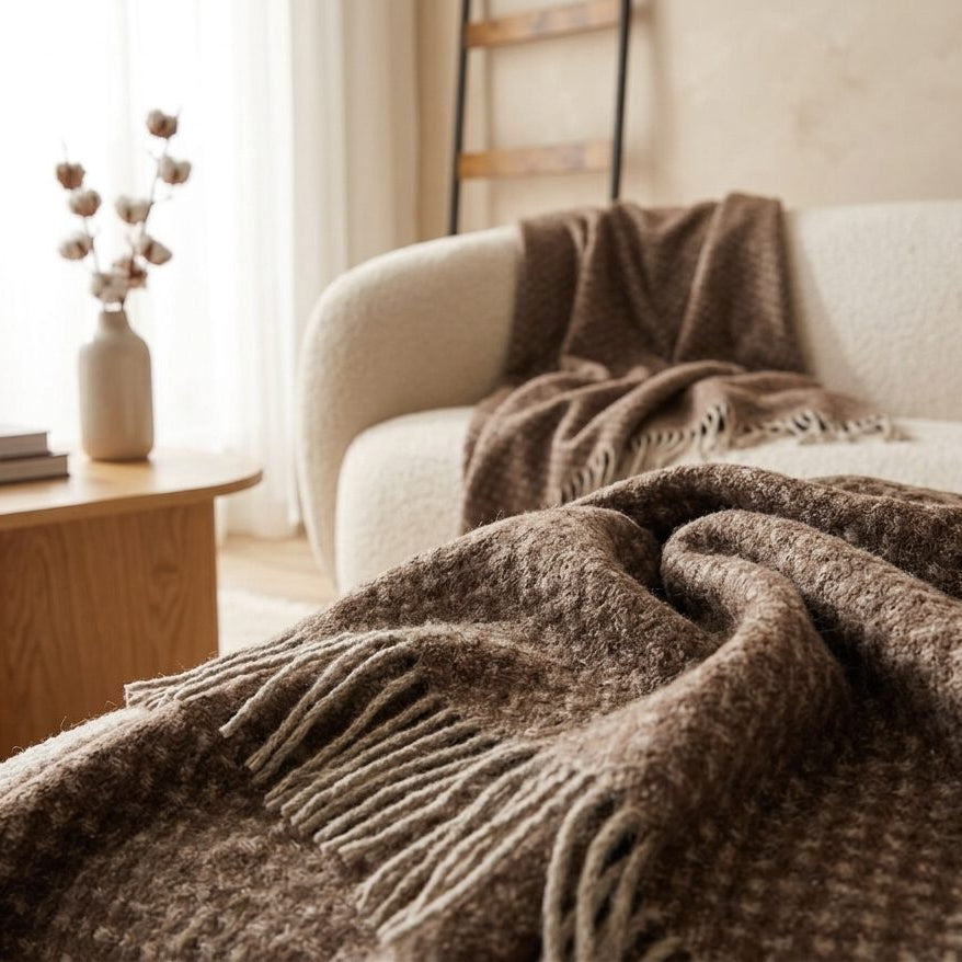 NORD A 100% vilnas pleds 140x200 taupe-braun, tūvplānā
