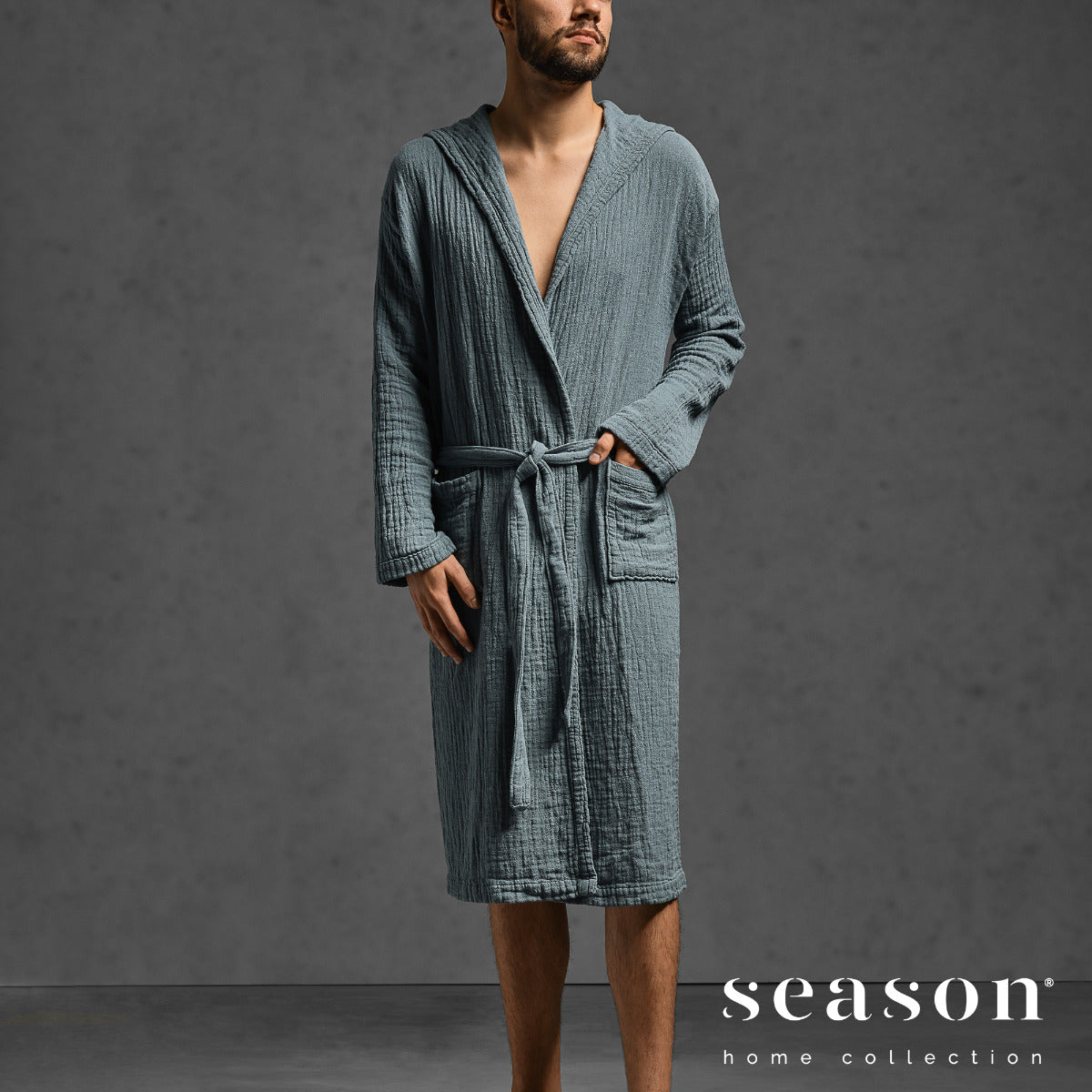 Peldmētelis ar kapuci PUNTO, 100% BCI cotton, blue, pelēk zils