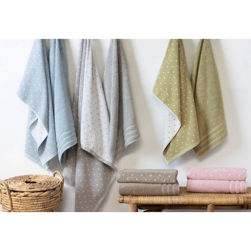 Frotē dvieļi EFFICIENCE DOTS, 74% kokvilna, 20% pārstrādāta kokvilna un 6% citi, 520g/kvm, dažādas krāsas ar punktiņām, interjerā